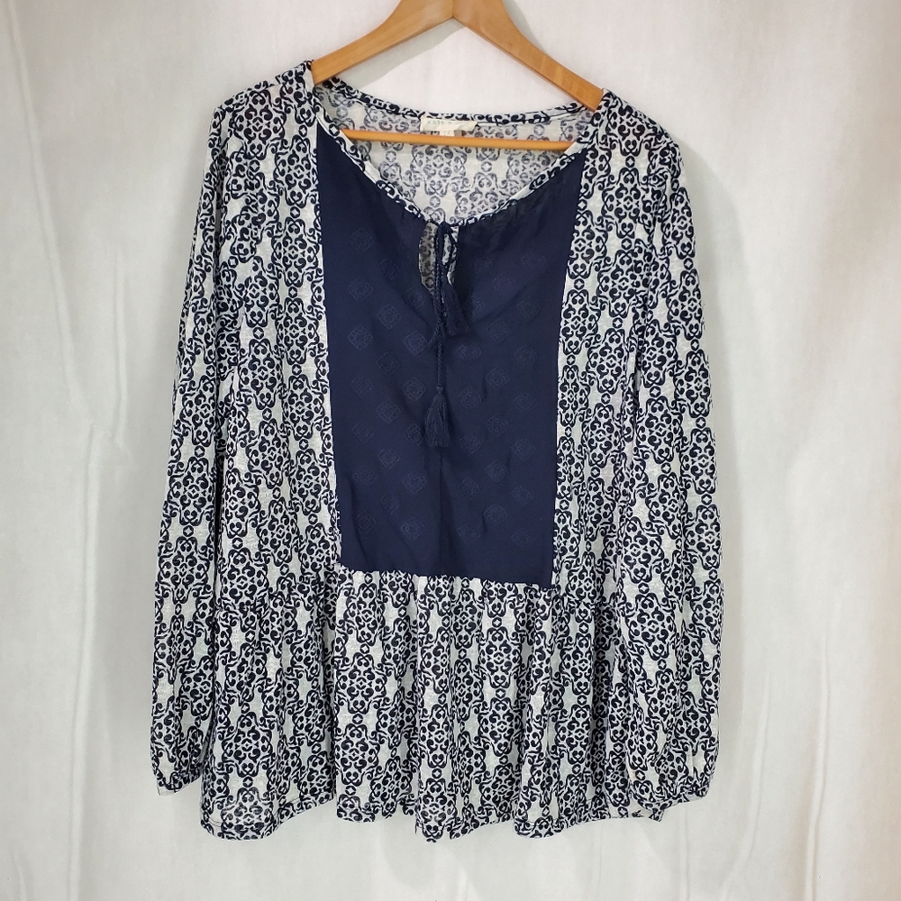 Kate and Sam Navy Blue and White Peasant Top Boho Tassel Tie Flowy Plus Size 2X